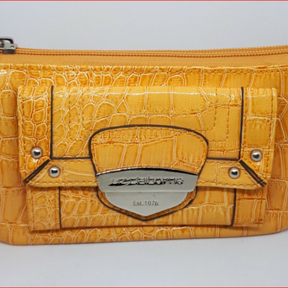 Liz Claiborne Clutch Wallet Mustard Yellow Faux Alligator w Logo Wrist Strap